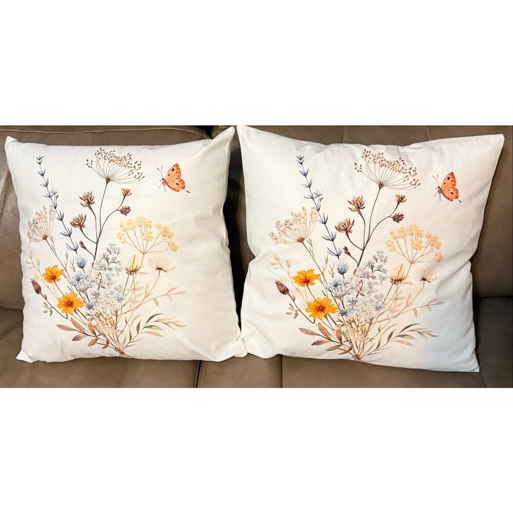 Two New Floral Wild Flowers and Butterflies Pillows One sided 18” X 18”.